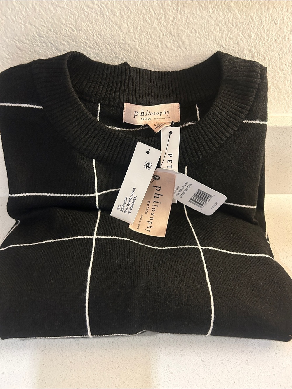 Philosophy Black Crewneck Sweater with White Windowpane Grid